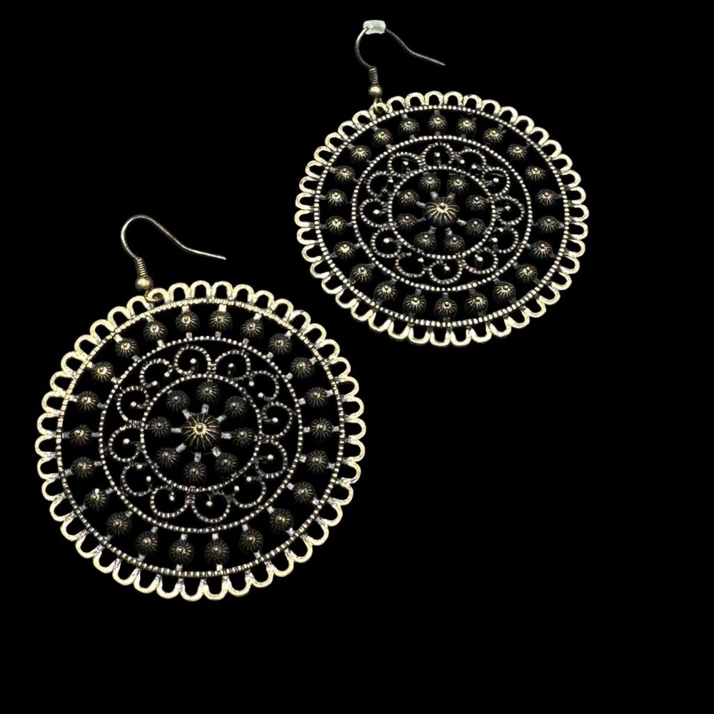 Metal Pierced Earrings Dangling Filigree Circles Beads & Faux Pearls *read*